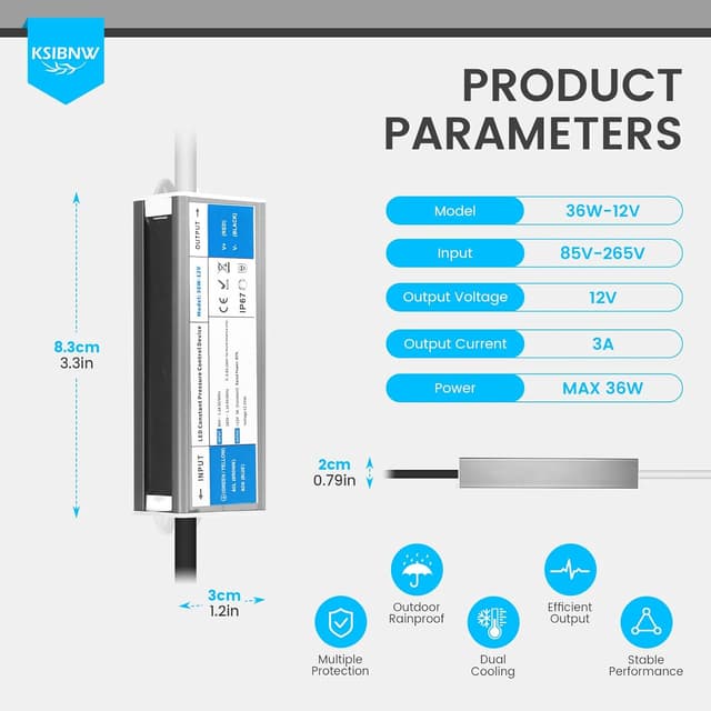 Detalle 2 de KSIBNW Trasformatore LED 12V 36W (IP67) con driver esterno e spina UE, ingresso AC 85–265V