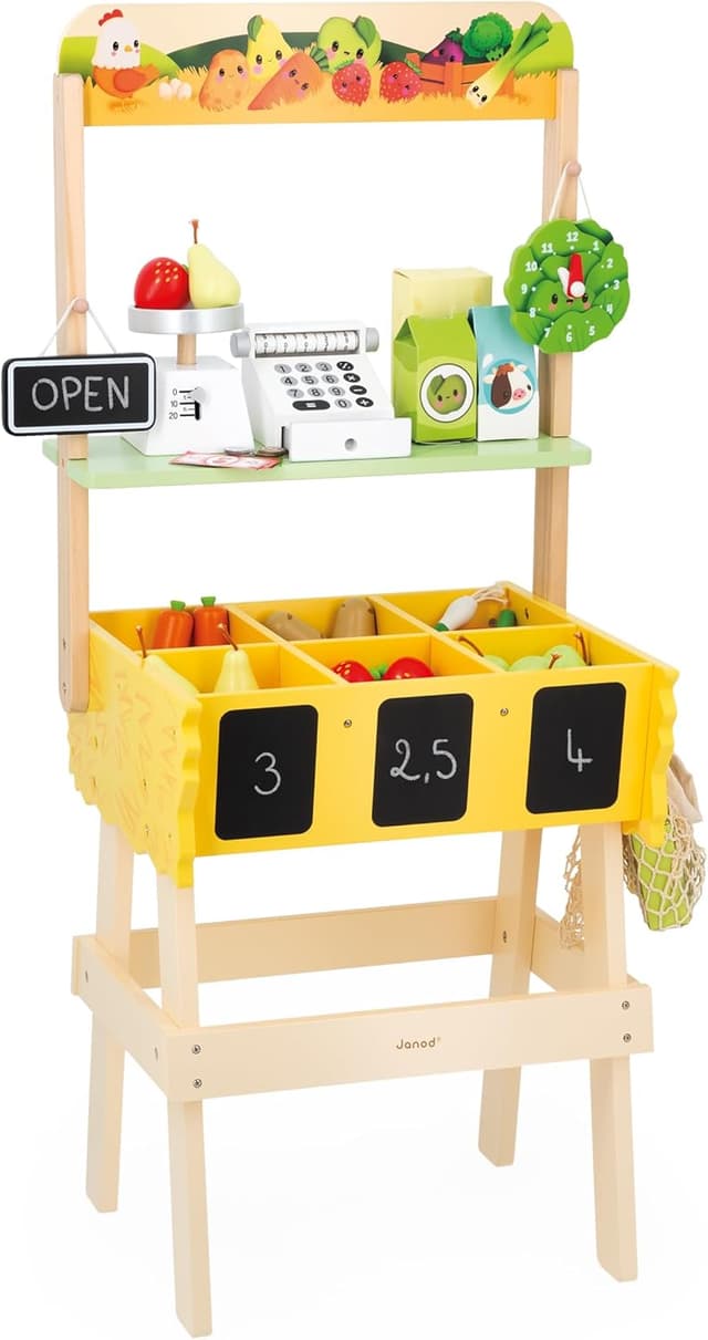 Detalle de Janod Bancarella Bambini Farm Market (J03322) – gioco di imitazione in legno FSC con 32 accessori