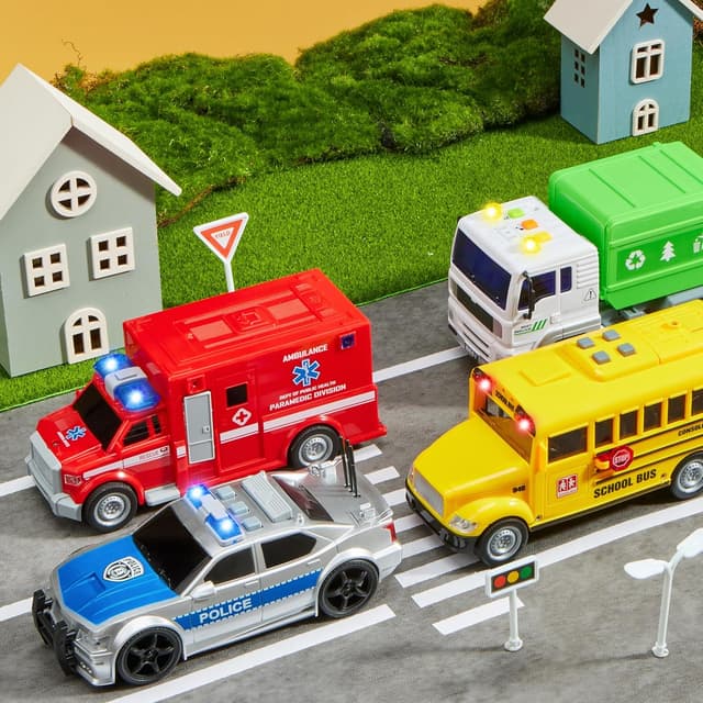 Detalle de JOYIN 4-Piece 7-Inch Vehicle Toy Set (Police Car, School Bus, Garbage Truck, Ambulance) With Lights & Siren Sounds