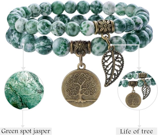 Detalle 2 de Farfume Chakra-Armbänder für Damen mit Grünfleckjaspis – Set aus zwei Armbändern (Yoga, Reiki)