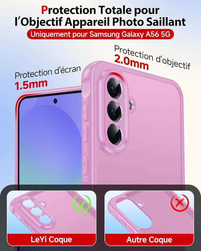 Detalle de Coque LeYi pour Samsung Galaxy A56/A56 5G avec 2 verres trempés et protection caméra/écran (rose carmin)