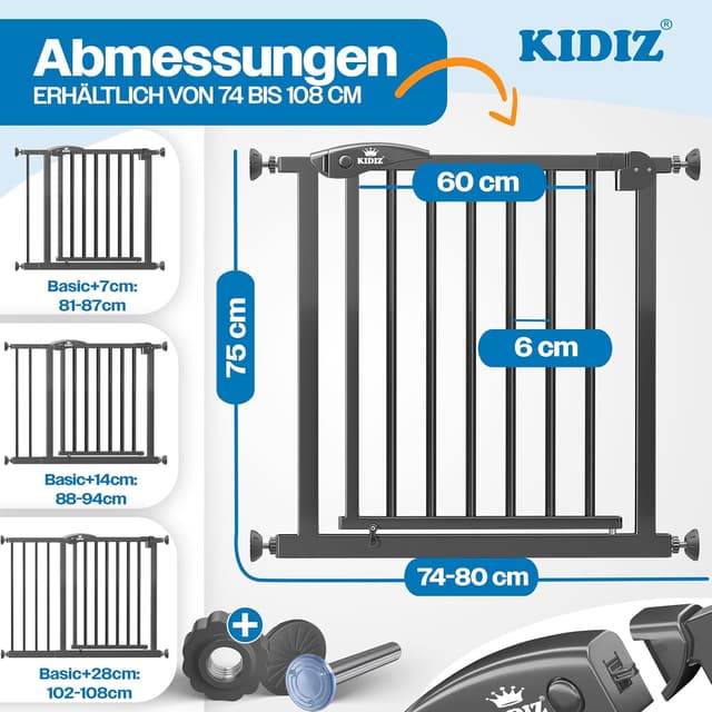 Detalle de KIDIZ Treppenschutzgitter ohne Bohren, verstellbar 74–80 cm, 75 cm hoch (Anthrazit)