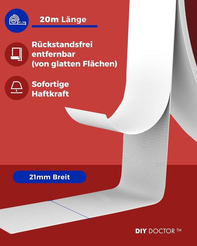 Detalle 2 de DIY Doctor doppelseitiges Klebeband Extra Stark – universelle Montagebandrolle 21 mm x 20 m