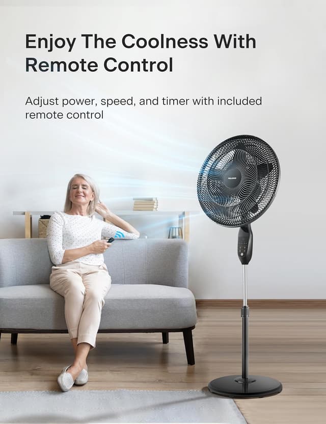 Detalle de PELONIS PFS45A5BBB 18 inch 5-Blade Oscillating Remote Pedestal Fan with LED Display and 7-Hour Timer (Black)