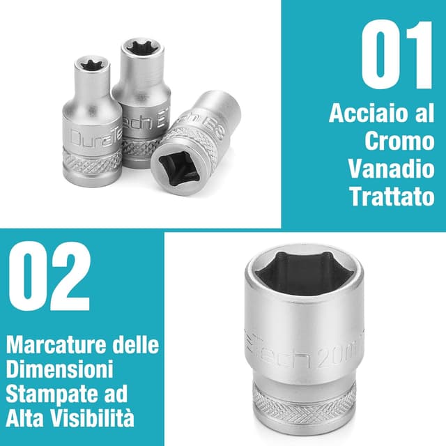 Detalle de DURATECH set di chiavi a bussola 108 pezzi con cricchetto 72 denti 1/2” e 1/4” in Cr-V