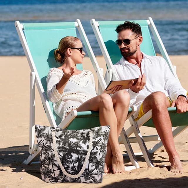 Detalle de FAVORTALK zip-top canvas beach bag for women with pockets and tropical print