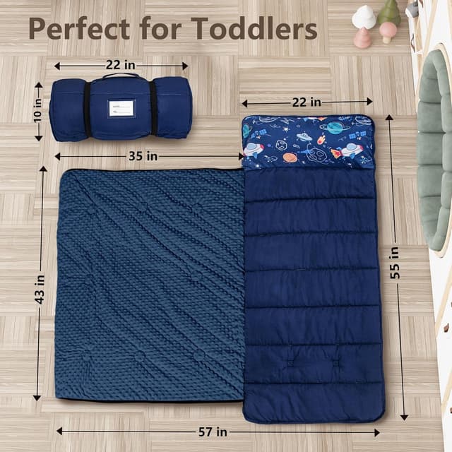 Detalle de PRIMLECT Toddler Nap Mat with Removable Pillow & Fleece Blanket (Extra Large 55"x35")