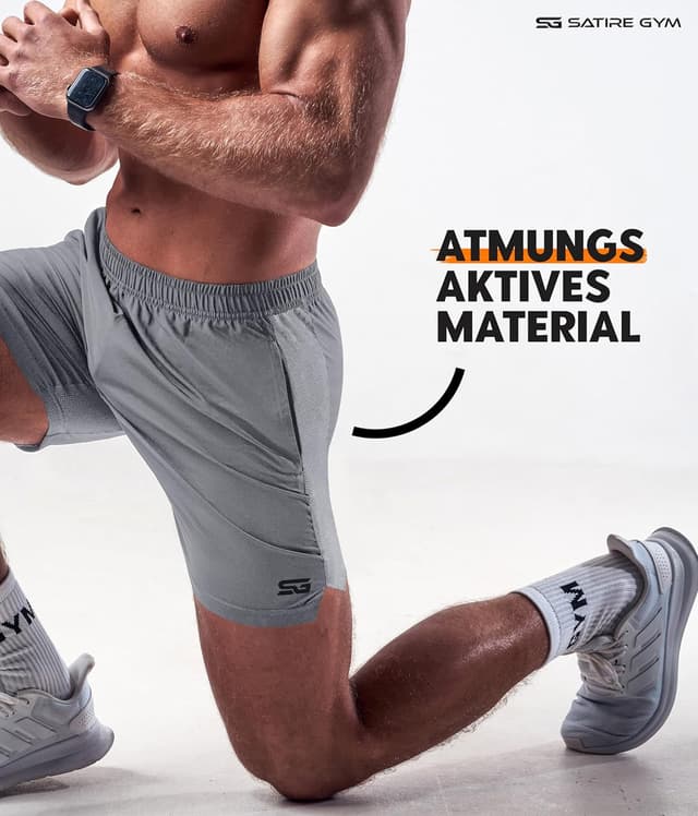 Detalle de Satire Gym Sporthose Herren kurz mit Taschen – Gymshorts für Running, Fitness & Bodybuilding