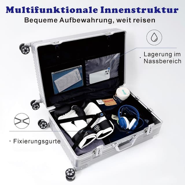 Detalle de Aoliwei Aluminiumrahmen Koffer XL 73 cm – Hartschalen-Trolley mit TSA-Schloss, 4× 360° Doppelrollen
