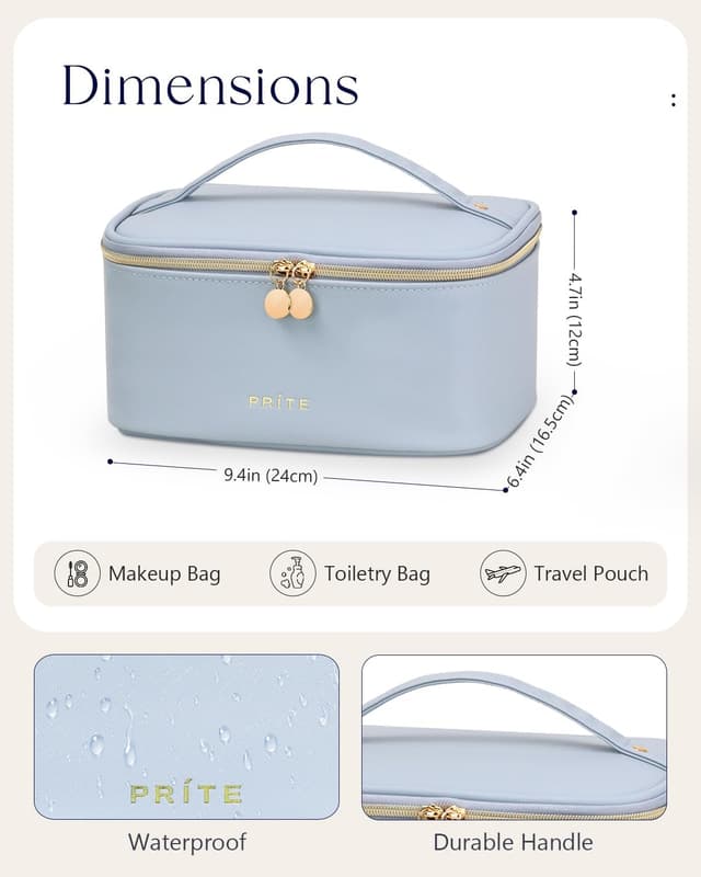 Thumbnail 5 de Prite Große Kosmetiktasche für Damen – Reise-Kulturtasche aus wasserdichtem veganem Leder, mit Griff & abnehmbarem Trenner (Blau)