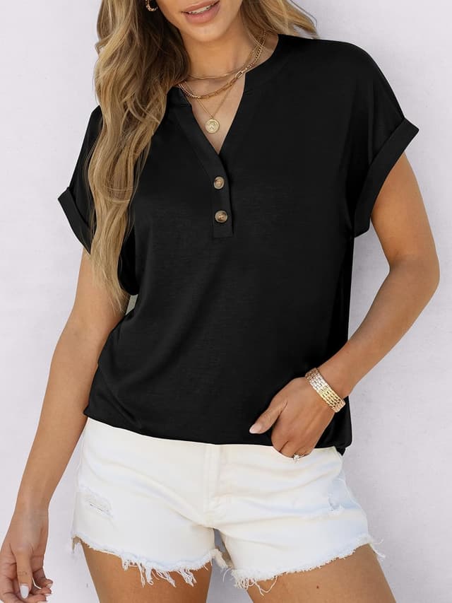 Detalle de Cuptacc Damen Oversize T-Shirt mit V-Ausschnitt und Knopfleiste, kurzarm