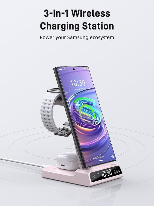 Detalle de Station de charge induction 3 en 1 Samsung : chargeur sans fil pour Galaxy S24 Ultra, Watch Ultra et Buds 3 Pro