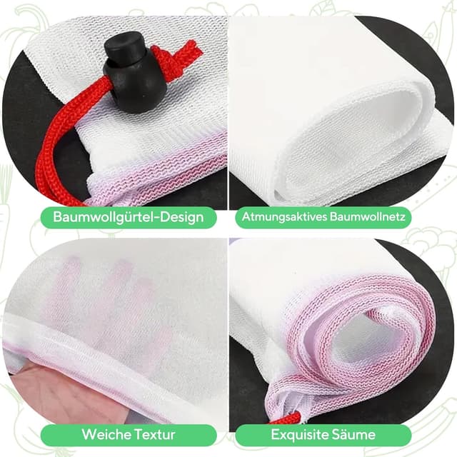 Detalle de DAMIHAI 15er Set Obst- und Gemüse-Netztaschen mit Kordelzug (3 Größen) – wiederverwendbare Netzbeutel