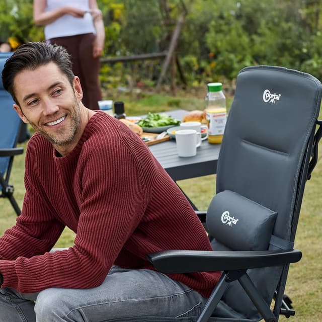 Detalle de Portal faltbarer Campingstuhl mit 3-fach verstellbarer Rückenlehne (bis 160 kg), hohe Lehne & Getränkehalter