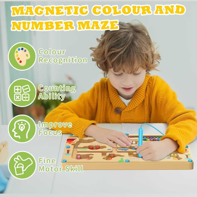 Detalle de Giochi Montessori dinosauro labirinto magnetico in legno con numeri 1–10 e 55 perline colorate