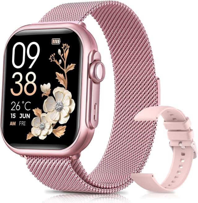 Detalle de Montre connectée femme Oliimptek : smartwatch avec autonomie annoncée jusqu’à 100 jours, SpO2 et appels Bluetooth 5,3 (rose)