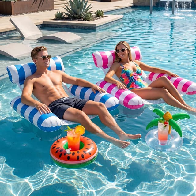 Detalle de Cadoal 2 Pack Lilo Pool Inflatables 4-in-1 Water Hammock Set with Drink Holders and Air Pump