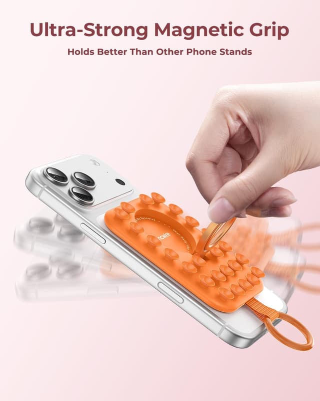 Detalle de Syncwire Magnetic Suction Phone Mount for MagSafe (Orange) with Silicone Octo Cup Grip Ring Holder