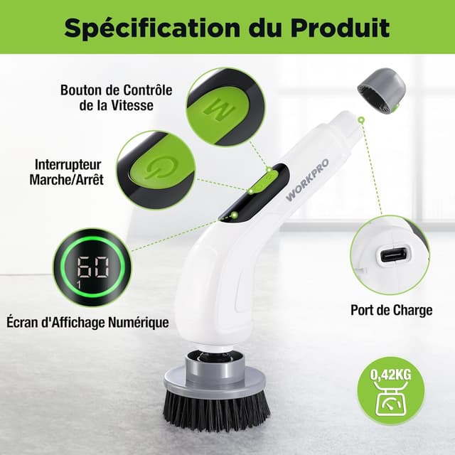 Thumbnail 5 de WORKPRO Brosse nettoyante rotative IPX6 ⚙