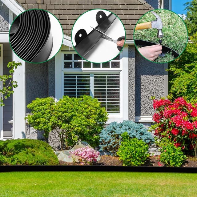 Detalle de Newthinking Rasenkante aus Kunststoff 10 m (5 cm breit) – unsichtbare Rasengrenzen mit 50 Erdnägeln, schwarz