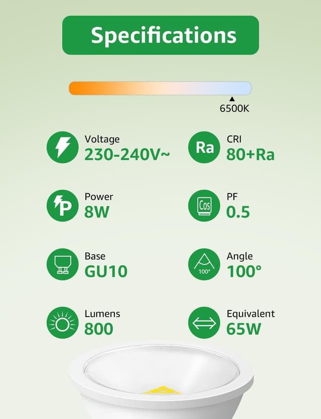 Detalle de Lepro GU10 LED Bulbs (Cool White 6500K, 800lm, 8W) – 5 Pack, 100° wide beam, non-dimmable