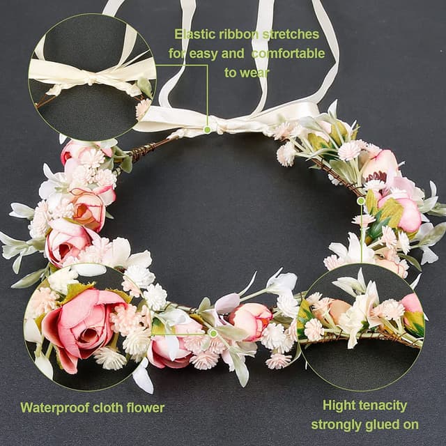 Detalle de Wedding Floral Girlande (Krone) Damen Blumen-Haarreif-Set mit Armband, verstellbar – rosa/beige