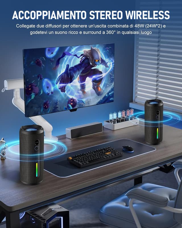 Detalle 2 de OHAYO Cassa Bluetooth portatile 24W con Bluetooth 5.3, luci RGB e IPX7