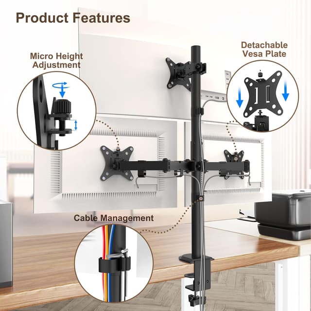 Detalle de PUTORSEN Triple Monitor Arm (30.5 inch) for 3 x 13"-32" screens, VESA 75x75/100x100, black