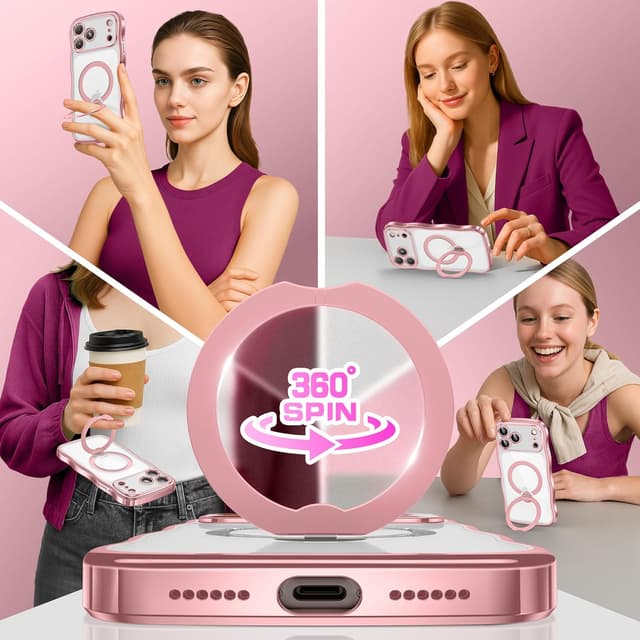 Detalle 2 de GolbinBox Magnetic iPhone 17 Pro Max Case with 360° Rotating Stand (MagSafe Compatible) – Pink/Clear