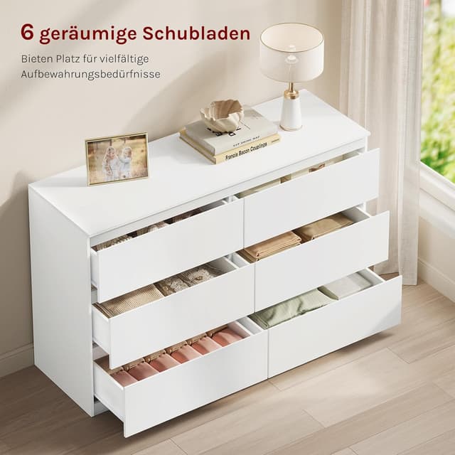 Detalle de WOLTU Kommode weiß mit 6 Schubladen – moderner Schubladenschrank für Wohnzimmer, Schlafzimmer & Flur (120 x 40 x 75 cm)