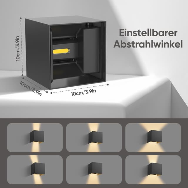 Detalle 2 de vatato LED-Wandleuchte 12W (Aluminium, einstellbarer Lichtstrahl) – 3000K warmweiß, IP54 für innen & außen