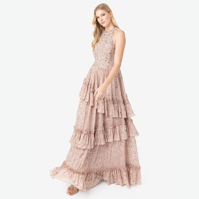 Detalle de Maya Deluxe embellished tie-back maxi dress for women in taupe blush (sleeveless ruffle evening occasion dress)