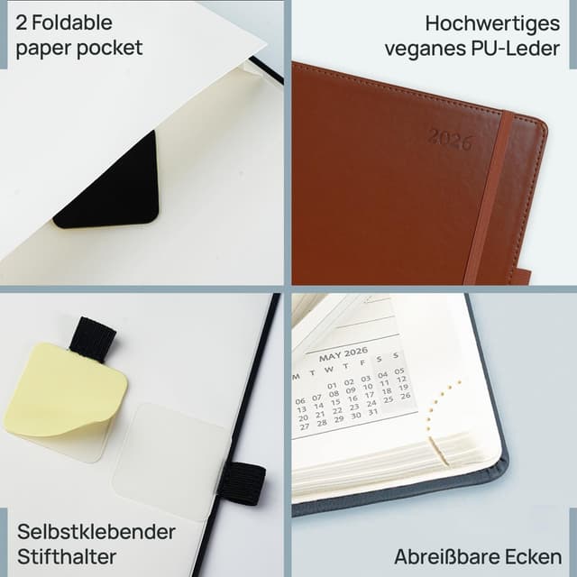 Thumbnail 5 de POPRUN Terminplaner 2026 A4 auf Deutsch - Wochenplaner mit 15-Minuten-Taktung & Monatsregister. Kalender 2026 Buchkalender mit PU-Leder Softcover - Braun
POPRUN Terminplaner 2026 A4 auf Deutsch - Wochen…