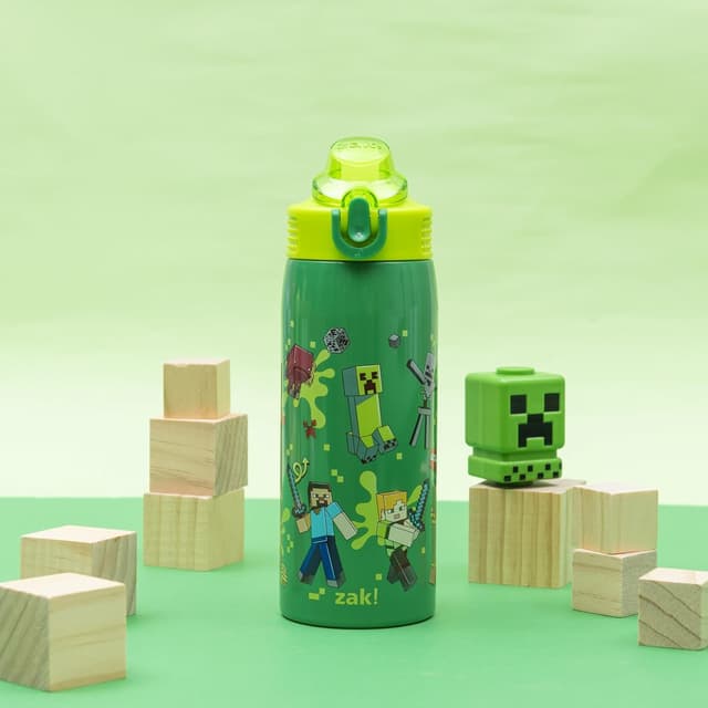 Detalle de Zak Designs Minecraft Kids Water Bottle (19oz) — Stainless Steel Straw Bottle With Handle & Leak-Proof Spout Cover
