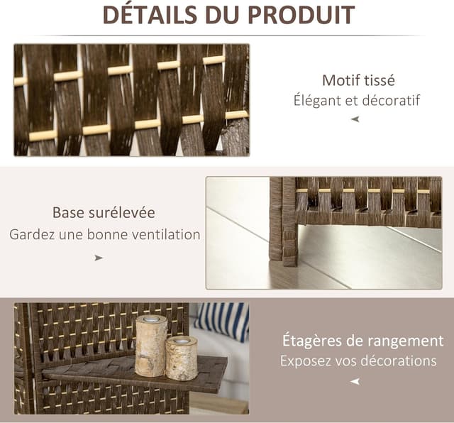 Detalle de HOMCOM Paravent intérieur à 4 panneaux avec 2 étagères (bois de pin, bambou, fibres de papier tressées)