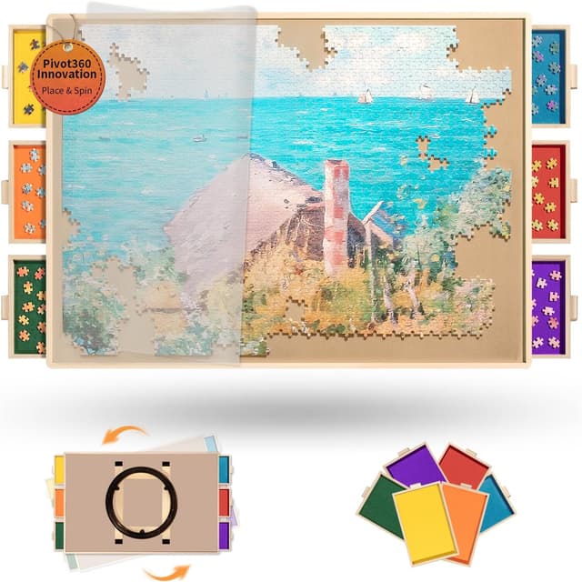 Detalle de 1500-Piece Wooden Puzzle Board (34" x 25") with 6 Drawers, Felt Trays & 360° Lazy Susan