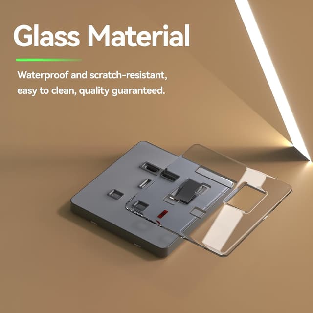 Detalle de BSEED plug socket with 20W USB-C fast charging (switched), 1-gang UK standard, grey glass panel