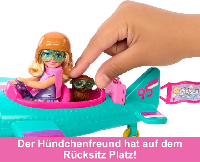 Detalle de Barbie Chelsea Flugzeug Puppe & Spielset (HTK38) – Pilotenpuppe, Flugzeug, Hündchen und Zubehör