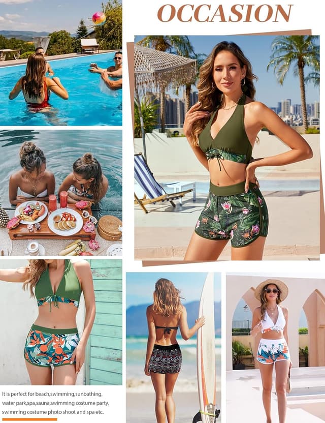 Thumbnail 6 de Tuopuda women’s floral two-piece bikini set with deep V halter top and high-waist tummy control boyshorts