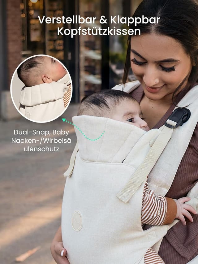 Detalle 2 de Grownsy Babytrage mit Ein-Klick-Schnalle und Kopfstütze (3–20 kg), ergonomisch & leicht – Cremeweiß