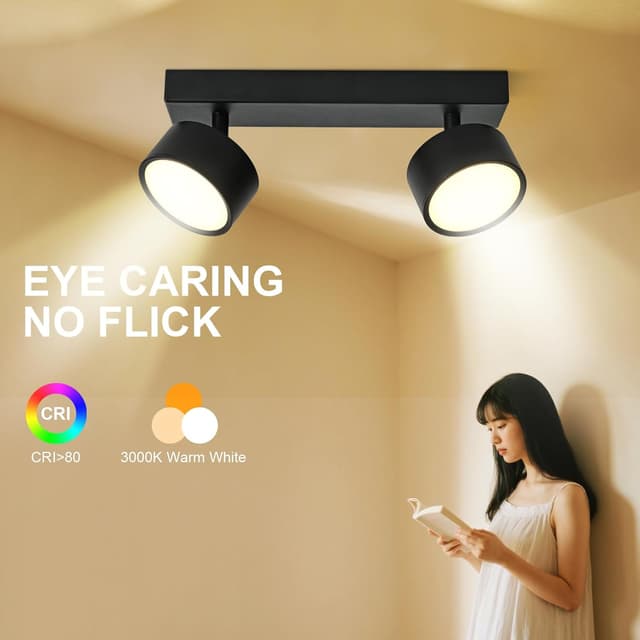 Detalle de Doughelec LED Deckenleuchte (2-flammig) mit schwenkbaren Spots, schwarz, 12 W, warmweiß 3000 K