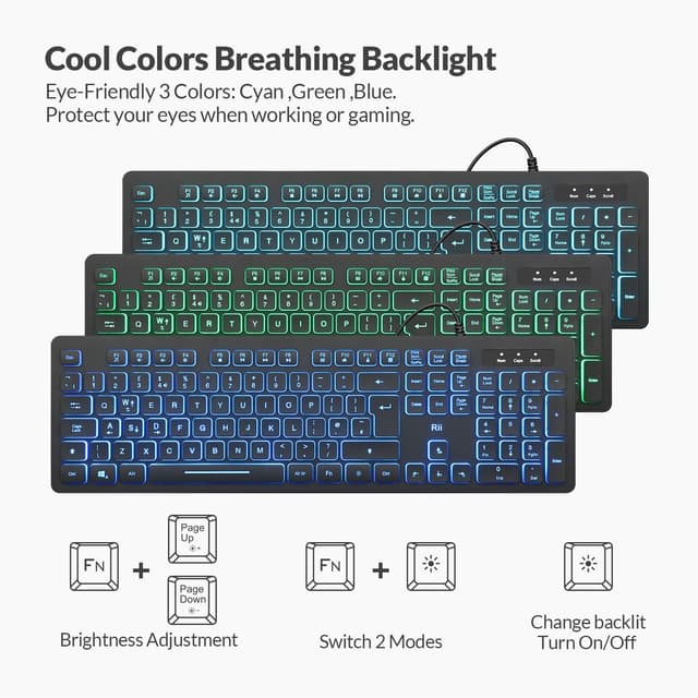 Detalle de Rii RK105 wired keyboard and mouse bundle with three-colour backlight (UK layout)