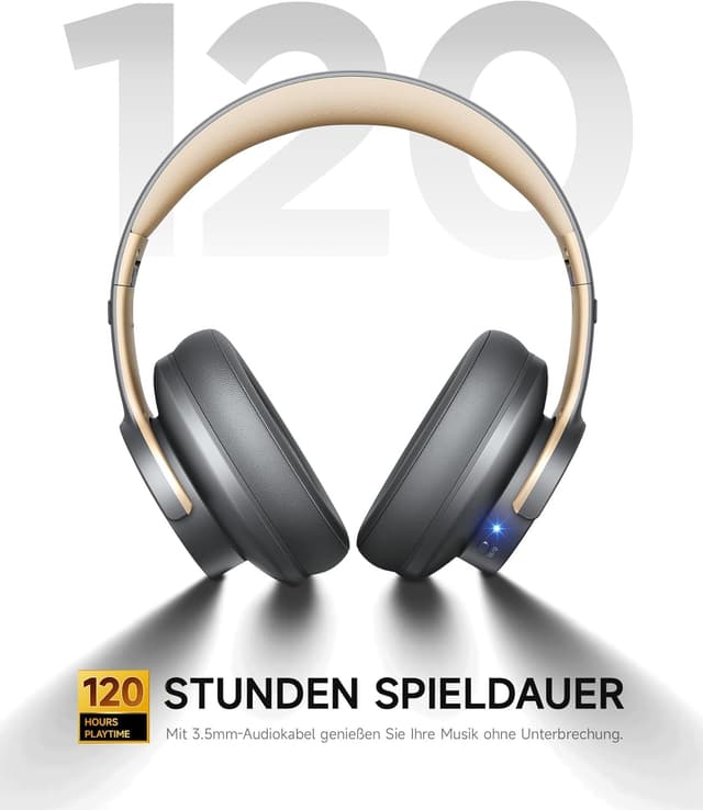 Detalle de Picun B8 Bluetooth-Kopfhörer (Over-Ear) – kabellos, 120H Spielzeit, niedrige Latenz, 3 EQ-Modi (Grau & Gold)
