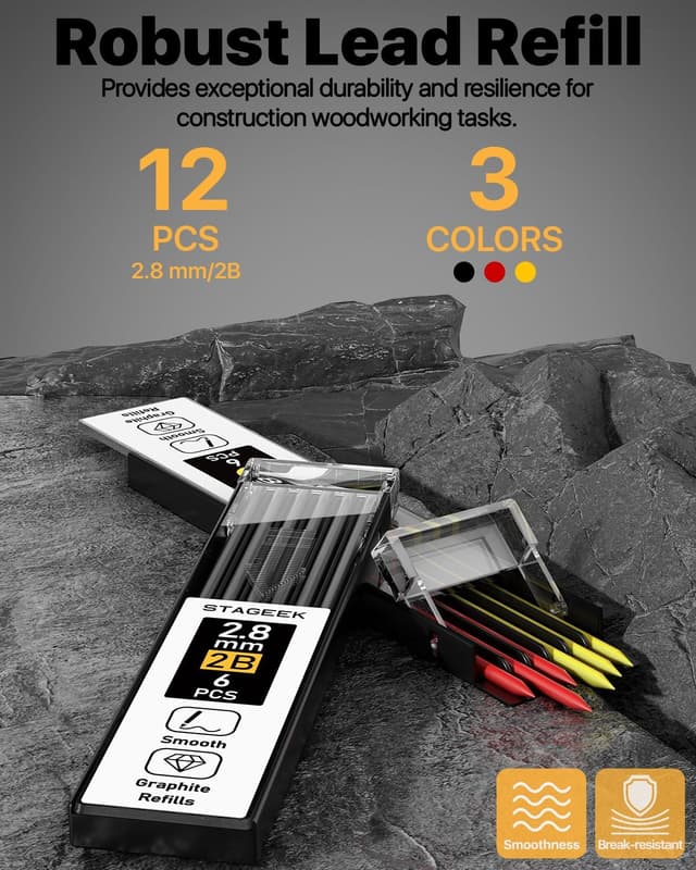 Detalle de STAGEEK Tischler-Bleistifte Set für Baustelle & Holzarbeiten inkl. Markierstift (13 Minen, 2B, 12 Stückminen)