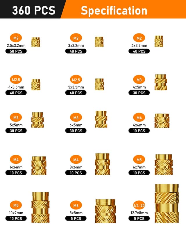 Detalle 2 de HOLMOL Gewindeeinsatz 360 Stück Set Messing M2–M6