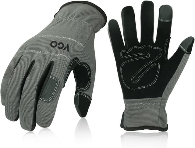 Detalle de Vgo… 2 Pairs Safety Work Gloves (NB7581) – Faux leather palm, touchscreen fingertips, EN388 work gloves in grey, size M