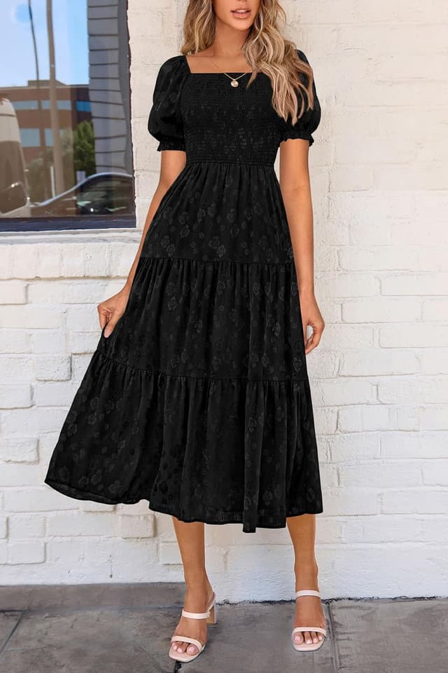 Detalle de PRETTYGARDEN Women’s 2026 Summer Casual Midi Dress (Square Neck, Smocked A-Line Floral)