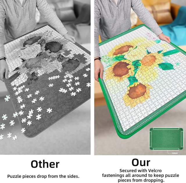 Detalle de MOZOOSON faltbares Puzzlebrett für bis zu 1500 Teile – Tragbare Puzzlematte mit Staubschutz & 8 Sortierern