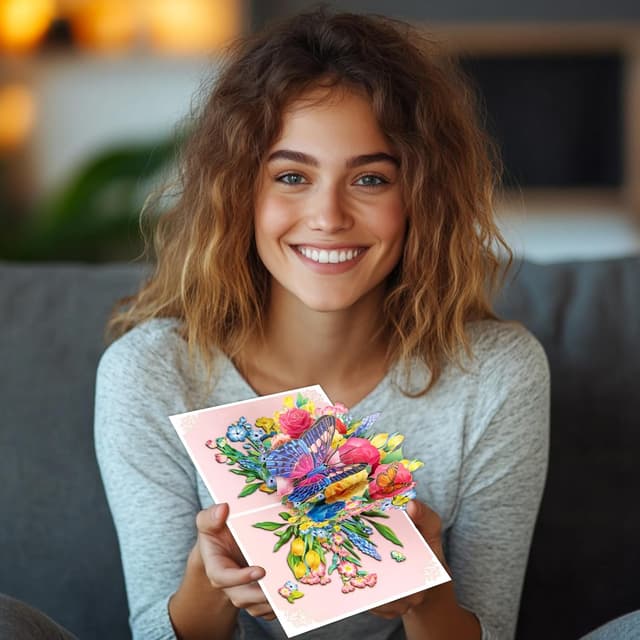 Thumbnail 6 de DLYMXGC Butterfly and Pink Gold Roses Bush Pop Up Card – 3D paper flower bouquet greeting card