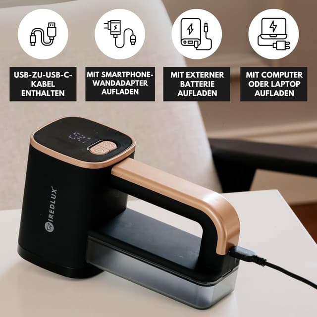 Detalle de WiredLux elektrischer Fusselrasierer – wiederaufladbarer Flusenentferner für Kleidung & Möbel mit LED-Licht (Onyx/Gold)